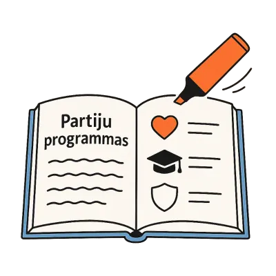 Atvērtas grāmatas ilustrācijas ar virsrakstu Partiju programmas, sirsniņu, absolventa ceouri un vairogu. Oranžs flomasters pie grāmatas.